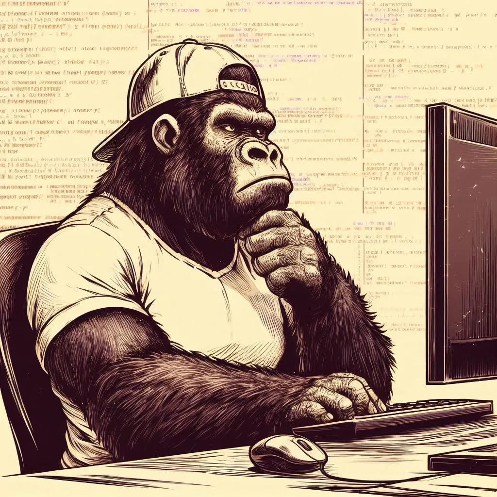 A gorilla thinking at a computer